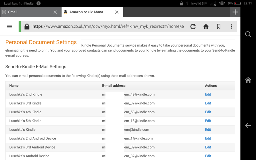 kindle personal documents settings page